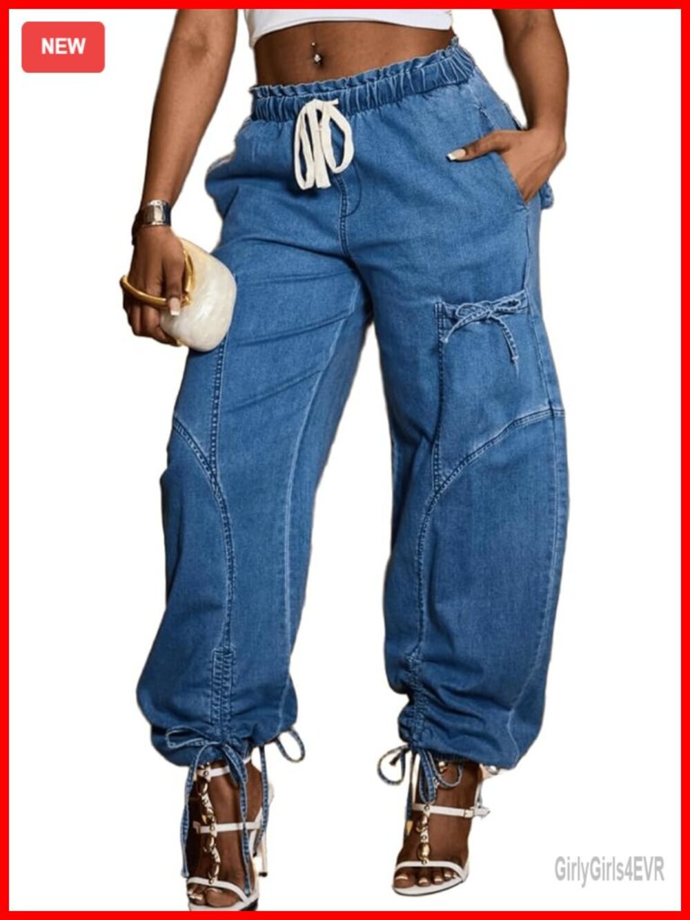 Women's Wide Leg Baggy Jeans Plus Size Loose Elastic Waist Denim Cargo Pockets